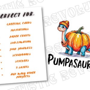 May include: A blue dinosaur wearing a pumpkin costume. The dinosaur is standing on a white background with the text "Pumpasaurus" in black.