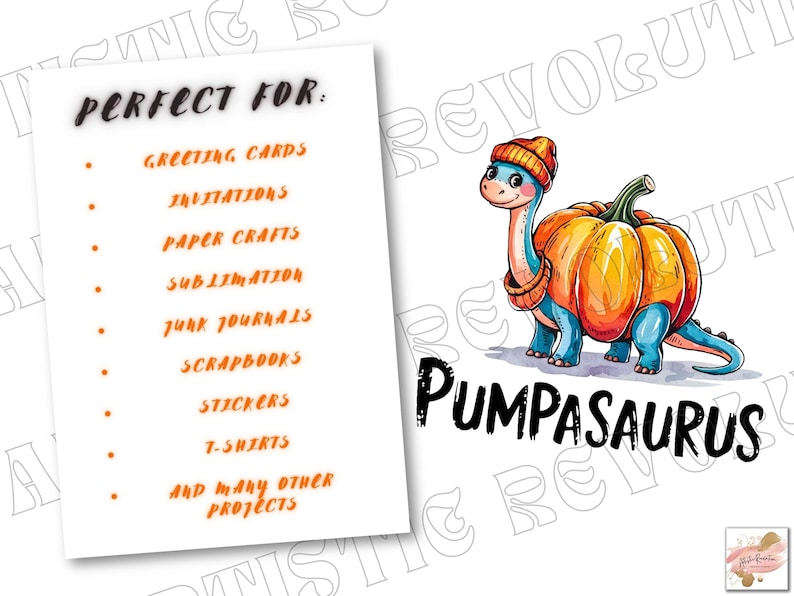 May include: A blue dinosaur wearing a pumpkin costume. The dinosaur is standing on a white background with the text "Pumpasaurus" in black.