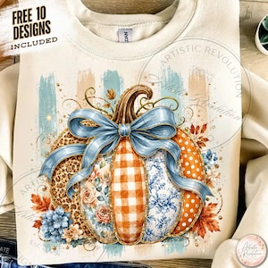 Striped Fall Pumpkin PNG, Coquette Bow Pumpkin Sublimation, Patchwork Floral Blue Bow Pumpkin Shirt Design, Coquette Fall Pumpkin Png