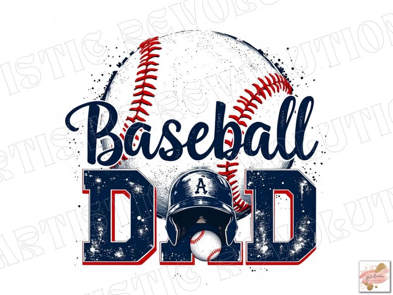 May include: Baseball Dad graphic with a baseball, a baseball cap, and the words "Baseball Dad" in a blue and red distressed font.