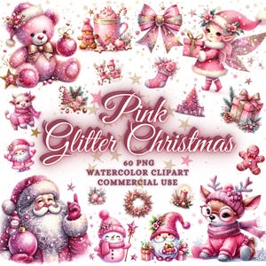 Paquete de 60 imágenes prediseñadas navideñas de color rosa brillante Paquete de imágenes PNG navideñas de color rosa brillante Diseño festivo de sublimación de Navidad Papá Noel Reno Muñecos de nieve Oso de peluche