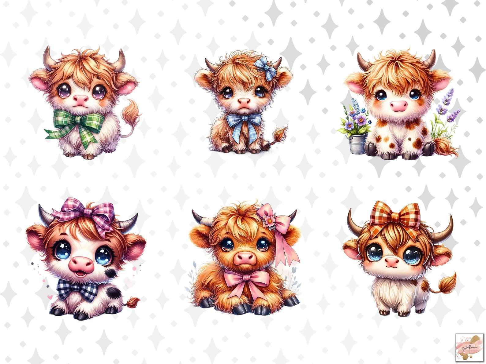 Kawaii Watercolor Highland Cows Clipart Bundle, Cute Baby Highland Cow ...