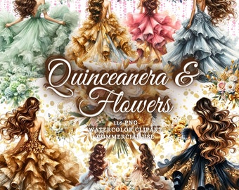 Quinceañera y flores 116 imágenes prediseñadas de acuarela Vestido de princesa Vestido de quinceañera Quince años Invitación DIY Celebración de quinceañera Baile de graduación