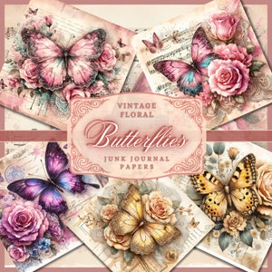 Kit di diario spazzatura con 63 fiori e farfalle, diario spazzatura floreale shabby chic Diario spazzatura con farfalle Pacchetto di documenti digitali stampabili
