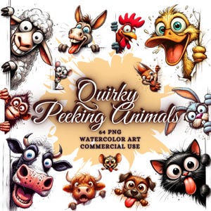 Paquete de imágenes prediseñadas de animales curiosos, divertidos y extravagantes de acuarela, animales peculiares PNG, lindos animales caricaturizados, diseños de sublimación PNG