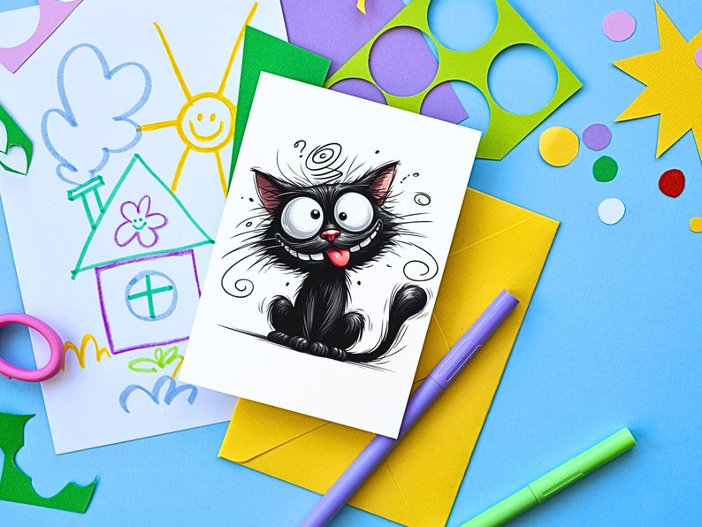 K&ouml;nnte beinhalten: Eine wei&szlig;e Karte mit einer schwarz-wei&szlig;en Cartoon-Illustration einer Katze mit herausgestreckter roter Zunge. Die Katze hat einen Wirbel auf dem Kopf und ist von schwarzen Wirbeln umgeben. Die Karte liegt auf einem gelben Umschlag mit einem lila Stift und einem gr&uuml;nen Stift.