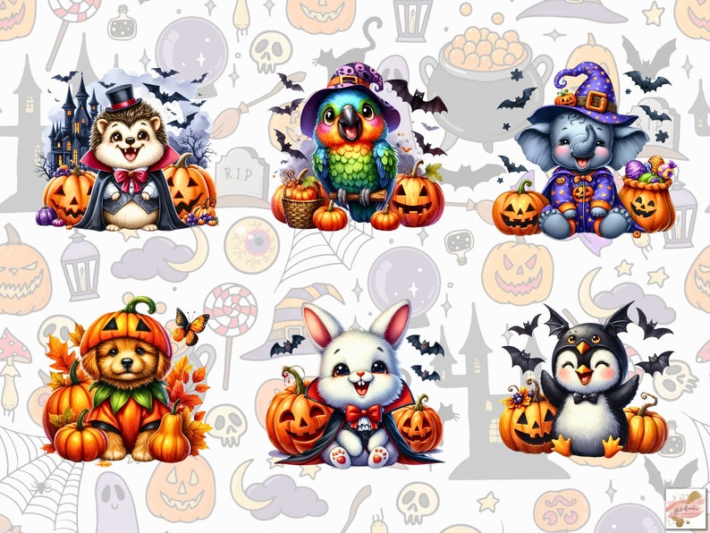 May include: A set of six Halloween-themed illustrations featuring various animals dressed in costumes. A hedgehog dressed as a vampire, a parrot wearing a witch's hat, an elephant in a wizard's robe, a puppy in a pumpkin costume, a rabbit in a vampire costume, and a penguin in a bat costume. Each illustration includes pumpkins and other Halloween decorations.