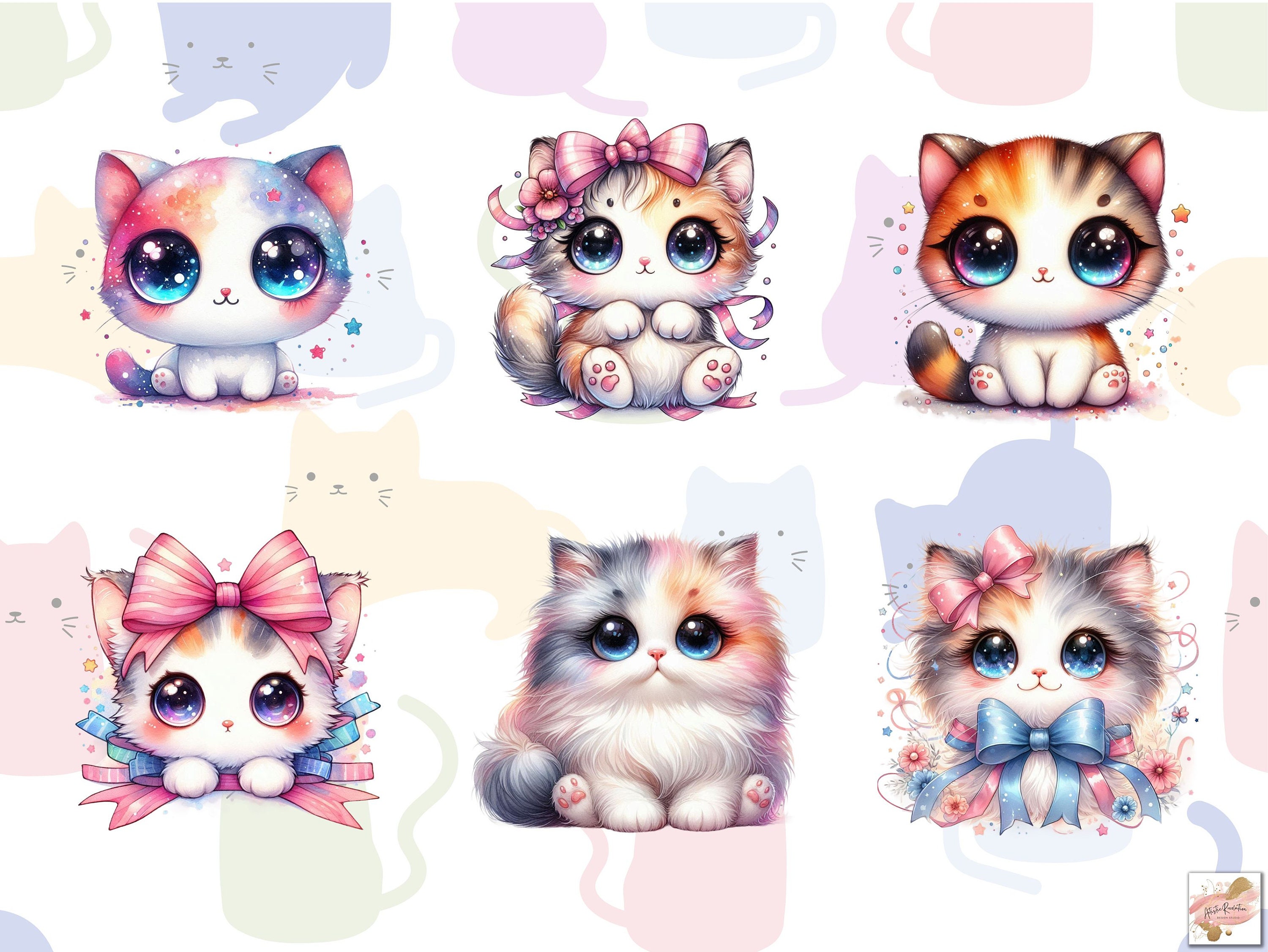 Watercolor Kawaii Cat Png Bundle, Cute Kawaii Cats Clipart Bundle ...
