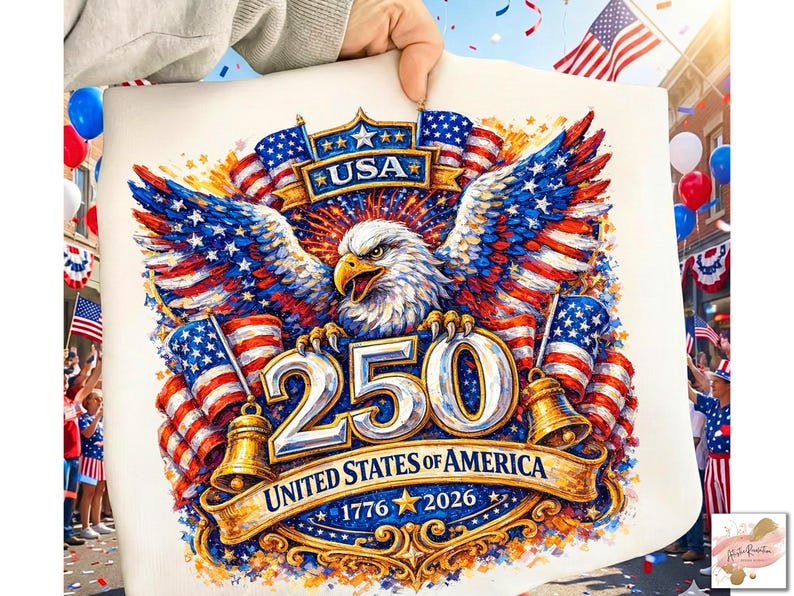 以下が含まれることがあります： 雄大なワシ、アメリカ国旗、そして「USA 250 UNITED STATES OF AMERICA 1776 2026」の文字が描かれた愛国的なデザイン。赤、白、青の色使いが鮮やかで、国の記念日を祝っています。