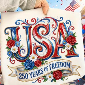 以下が含まれることがあります： 赤、白、青で「USA」の文字が描かれた愛国的なデザイン。バラとデイジーで飾られています。「250 YEARS OF FREEDOM」と書かれたバナー。お祭りのパレードを背景に、人が画像を持ち上げています。