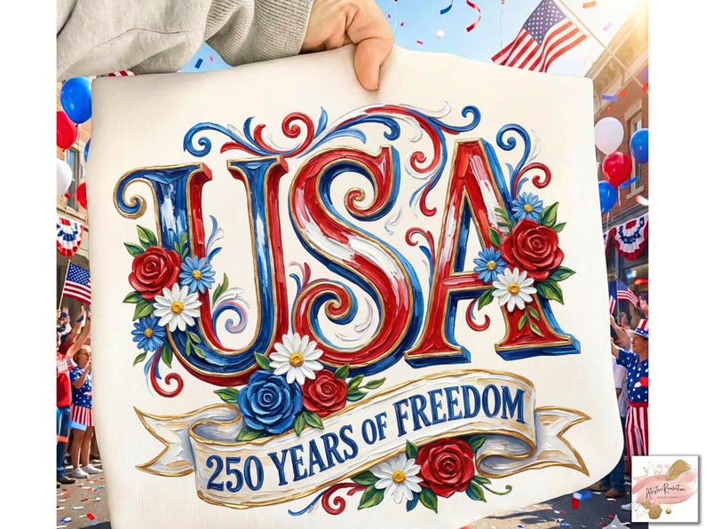 以下が含まれることがあります： 赤、白、青で「USA」の文字が描かれた愛国的なデザイン。バラとデイジーで飾られています。「250 YEARS OF FREEDOM」と書かれたバナー。お祭りのパレードを背景に、人が画像を持ち上げています。
