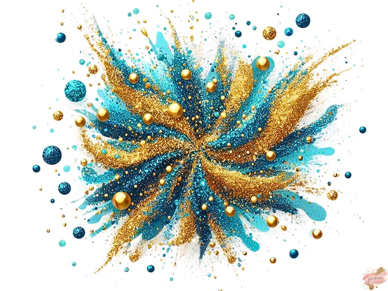 May include: Abstract digital art featuring a burst of gold glitter, teal paint, and scattered teal and gold spheres against a white background. The design has a radial symmetry, with the colors radiating outwards.