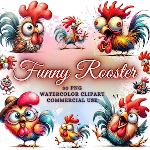 Lot de 30 cliparts aquarelle drôle de coq mignon, sublimation de Png drôle de coq, poulet aquarelle, clipart de bébé poulet, clipart de poussin