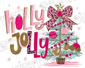 Glitter Holly Jolly Christmas Tree PNG, Coquette Pink Brushstroke (Digital Download)