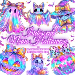 Puede incluir: Ilustración digital con gráficos de Halloween neón iridiscentes. La imagen incluye un fantasma, un murciélago, una bruja y calabazas, todos adornados con lazos. El texto "Iridescent Neon Halloween" se muestra.