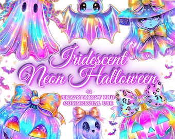 Iriserende Halloween-spook png-bundel, coquette neon halloween png, girly halloween png, schattig spook png, pompoen png, retro neon clipart-bundel