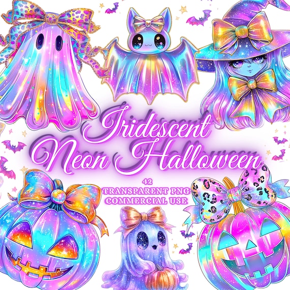 Iridescent Halloween Ghost Png Bundle, Coquette Neon Halloween Png,Girly Halloween Png,Cute Ghost Png, Pumpkin Png,Retro Neon Clipart Bundle