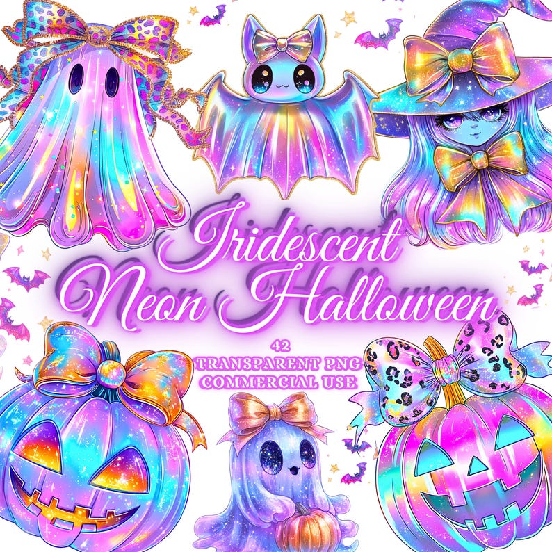 Puede incluir: Ilustraci&oacute;n digital con gr&aacute;ficos de Halloween ne&oacute;n iridiscentes. La imagen incluye un fantasma, un murci&eacute;lago, una bruja y calabazas, todos adornados con lazos. El texto "Iridescent Neon Halloween" se muestra.