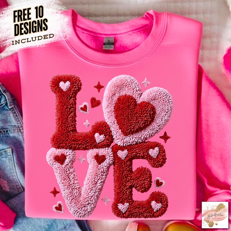 May include: A pink sweatshirt with the word "LOVE" in a textured, red and pink design. The letter "L" and "E" are red, and the letters "O" and "V" are pink. Small hearts and stars are scattered around the word. The text "FREE 10 DESIGNS INCLUDED" is in the upper left corner.