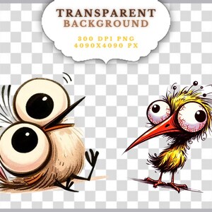 Puede incluir: Dos ilustraciones de dibujos animados de p&aacute;jaros con rasgos exagerados. Un p&aacute;jaro es de color marr&oacute;n claro con ojos grandes y un pico largo, que parece sorprendido. El otro es amarillo con ojos veteados de rojo y un pico largo rojo. Incluye el texto "TRANSPARENT BACKGROUND".