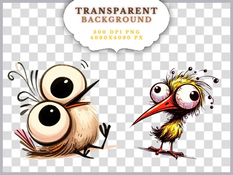 Puede incluir: Dos ilustraciones de dibujos animados de p&aacute;jaros con rasgos exagerados. Un p&aacute;jaro es de color marr&oacute;n claro con ojos grandes y un pico largo, que parece sorprendido. El otro es amarillo con ojos veteados de rojo y un pico largo rojo. Incluye el texto "TRANSPARENT BACKGROUND".