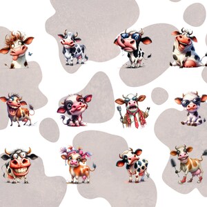 May include: A collection of whimsical cartoon cow illustrations in various poses and expressions. The cows are depicted with a range of colors, including black and white, brown, and pink, and some are wearing accessories like glasses and scarves. The background features a light gray and white pattern.