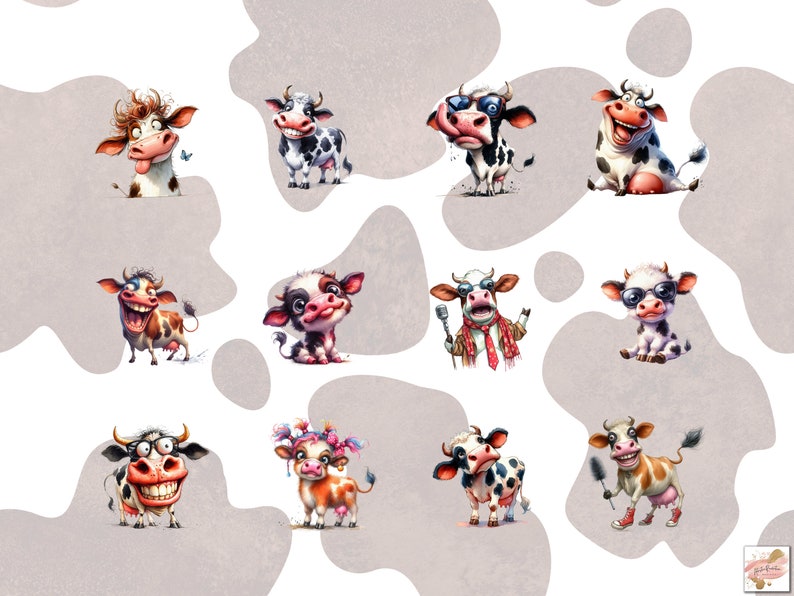 May include: A collection of whimsical cartoon cow illustrations in various poses and expressions. The cows are depicted with a range of colors, including black and white, brown, and pink, and some are wearing accessories like glasses and scarves. The background features a light gray and white pattern.