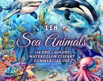 118 Watercolor Sea Animals Clipart Bundle, Watercolor Sea Creatures Clipart Png Sea Animals Png Watercolor Underwater Clipart Underwater Png