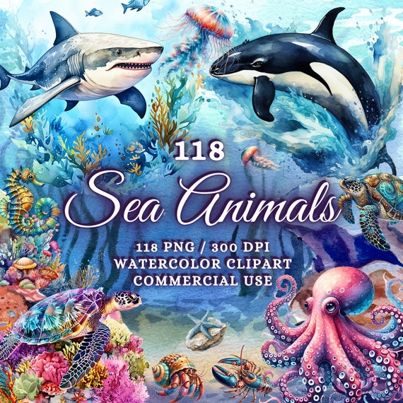 118 Watercolor Sea Animals Clipart Bundle, Watercolor Sea Creatures Clipart Png Sea Animals Png Watercolor Underwater Clipart Underwater Png