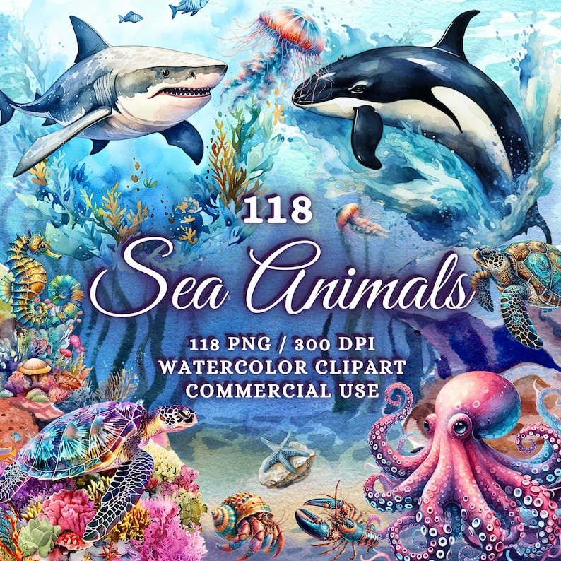 May include: Watercolor clipart set of 118 sea animals, including a shark, an octopus, a jellyfish, a sea turtle, and a crab. The set is perfect for commercial use.