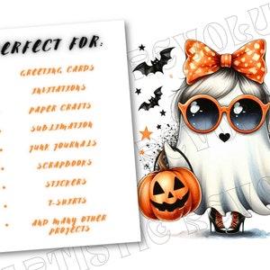 May include: A whimsical Halloween-themed illustration of a ghost wearing sunglasses and a bow, holding a pumpkin and a coffee cup. The image includes bats and stars, with text listing various craft projects.