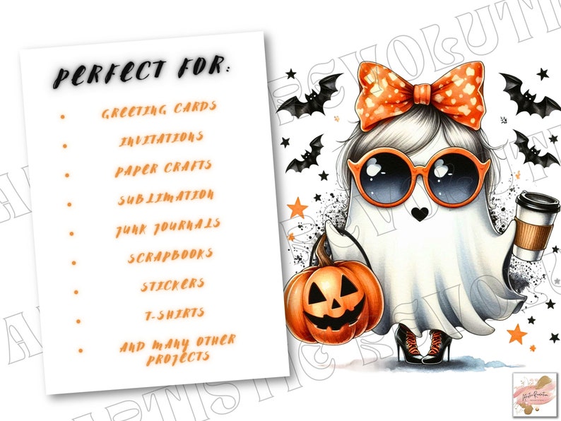 May include: A whimsical Halloween-themed illustration of a ghost wearing sunglasses and a bow, holding a pumpkin and a coffee cup. The image includes bats and stars, with text listing various craft projects.