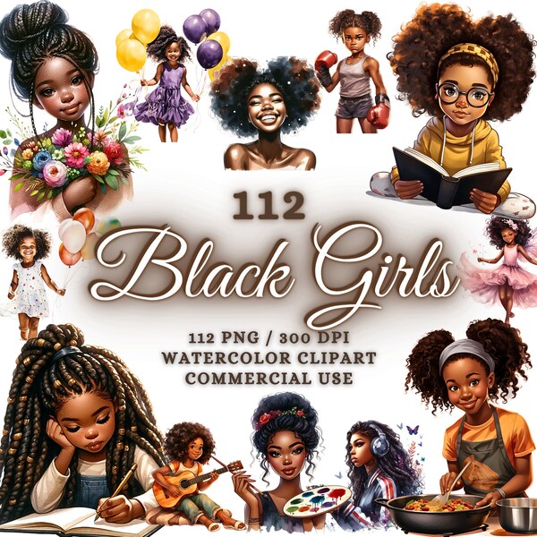 112 Watercolor Black Girls Clipart Bundle, Afro Girls Clipart, African American Girls Clipart Png, Black Girl Boss Clipart, Black Girl Png