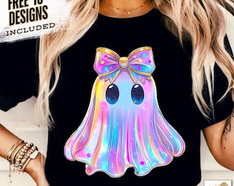Neon Iridescent Ghost PNG Coquette Halloween Sublimation Design Cute Girly Spooky Season Retro Neon Graphic Digital Download for Shirts