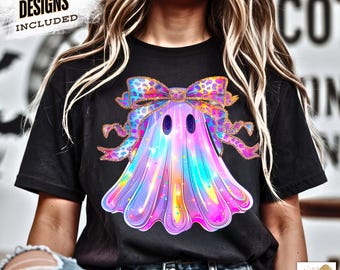 Iridescent Ghost Pumpkin PNG Coquette Halloween Sublimation Design Cute Girly Spooky Season Retro Neon Graphic Digital Download for Shirts