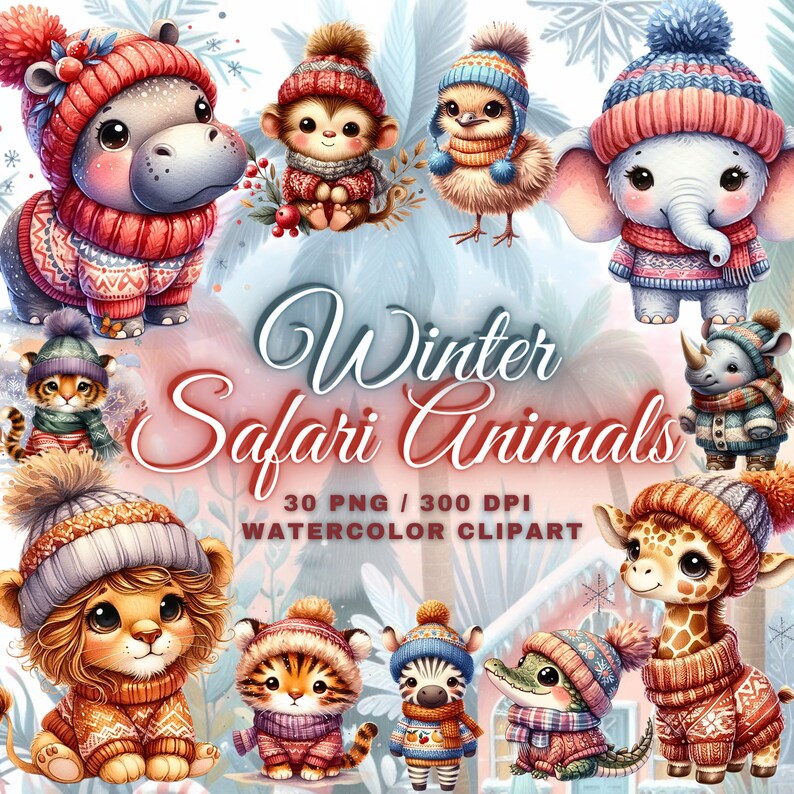 May include: Watercolor clipart of winter safari animals wearing knitted hats and scarves. The animals include a hippopotamus, elephant, giraffe, zebra, lion, tiger, crocodile, rhino, and a bird. The image is set against a background of palm trees and snowflakes.