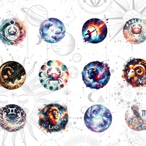 May include: Watercolor illustrations of the twelve zodiac signs. Each sign is depicted within a circular frame, featuring celestial backgrounds and astrological symbols. The color palette includes blues, purples, oranges, and golds, with each sign's name displayed.