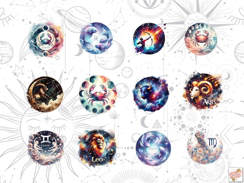 May include: Watercolor illustrations of the twelve zodiac signs. Each sign is depicted within a circular frame, featuring celestial backgrounds and astrological symbols. The color palette includes blues, purples, oranges, and golds, with each sign's name displayed.
