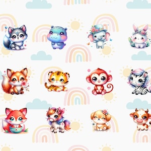 Op de afbeelding: Een digitale illustratie van 12 schattige cartoondieren met regenboogachtergronden. De dieren zijn een wolf, een nijlpaard, een olifant, een konijn, een vos, een tijger, een aap, een zebra, een eenhoorn, een hond en een koe.