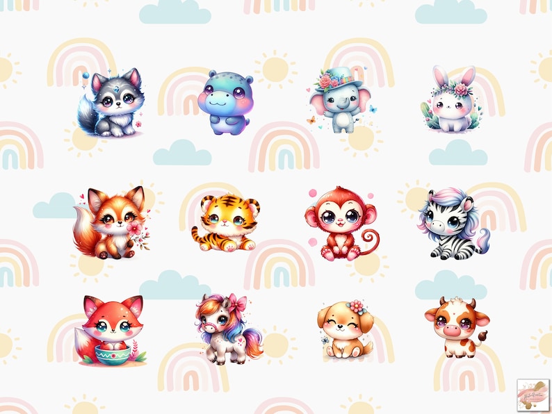 Op de afbeelding: Een digitale illustratie van 12 schattige cartoondieren met regenboogachtergronden. De dieren zijn een wolf, een nijlpaard, een olifant, een konijn, een vos, een tijger, een aap, een zebra, een eenhoorn, een hond en een koe.