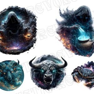 May include: Digital art featuring five celestial zodiac signs. The images include a hooded figure with scales, a figure pouring water, a ram, a bull, and a crab. Each image is surrounded by dark, smoky clouds with vibrant colors.