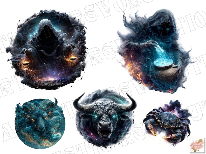 May include: Digital art featuring five celestial zodiac signs. The images include a hooded figure with scales, a figure pouring water, a ram, a bull, and a crab. Each image is surrounded by dark, smoky clouds with vibrant colors.