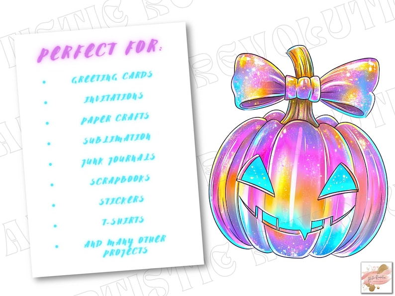 Puede incluir: Ilustraci&oacute;n digital de una calabaza con un lazo y una cara tallada. La calabaza es una mezcla de rosa, azul y amarillo. Una lista a la izquierda sugiere usos para tarjetas de felicitaci&oacute;n, invitaciones y m&aacute;s.