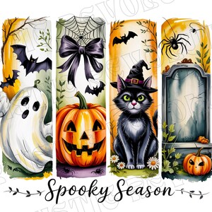 May include: A Halloween-themed illustration featuring a ghost, jack-o'-lantern, black cat in a witch hat, and a tombstone. Bats and a spider are also present. The words "Spooky Season" are written in a decorative font at the bottom.