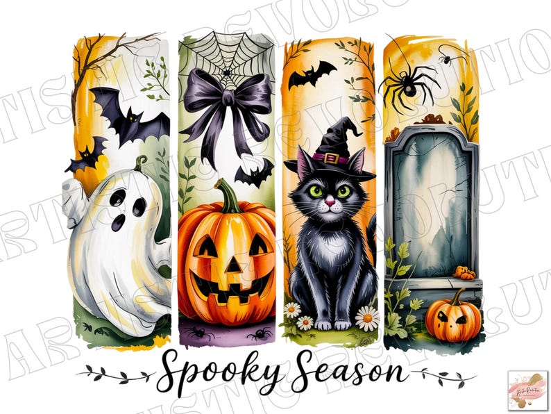 May include: A Halloween-themed illustration featuring a ghost, jack-o'-lantern, black cat in a witch hat, and a tombstone. Bats and a spider are also present. The words "Spooky Season" are written in a decorative font at the bottom.