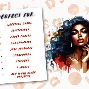 May include: Watercolor illustration of a woman with dark hair and gold earrings. A list on a white background reads "Perfect For: Greeting Cards, Invitations, Paper Crafts, Sublimation, Junk Journals, Scrapbooks, Stickers, T-shirts, and many other projects."