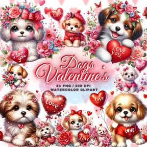 51 Valentine Cute Dogs Clipart Bundle, Valentines Aquarelle Chiens Clipart PNG, Chiens mignons PNG Bundle, Chiot PNG Bundle, Saint-Valentin Png