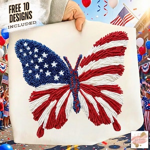 May include: A butterfly design with red, white, and blue yarn, resembling the American flag. The left wing features a blue field with white stars, while the right wing has red and white stripes. The words "FREE 10 DESIGNS INCLUDED" are in the upper left corner.