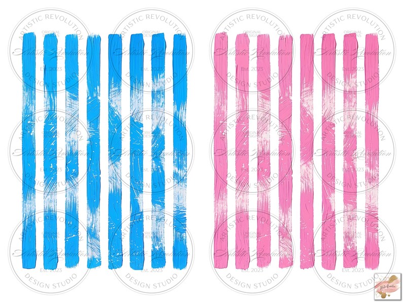 May include: Two abstract art pieces with vertical brushstrokes. One features bright blue strokes, the other pink. Each piece has a white background and circular text that reads "ARTISTIC REVOLUTION DESIGN STUDIO EST. 2023".