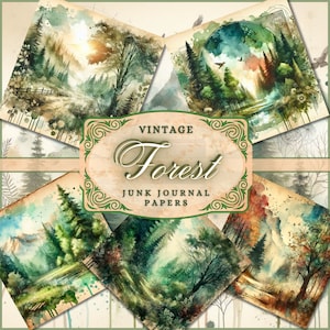 Kit de 55 papiers pour carnet de notes aquarelle forêt, lot de papiers numériques forêt aquarelle, pages de carnet de rebuts forestiers, arrière-plans nature forêt